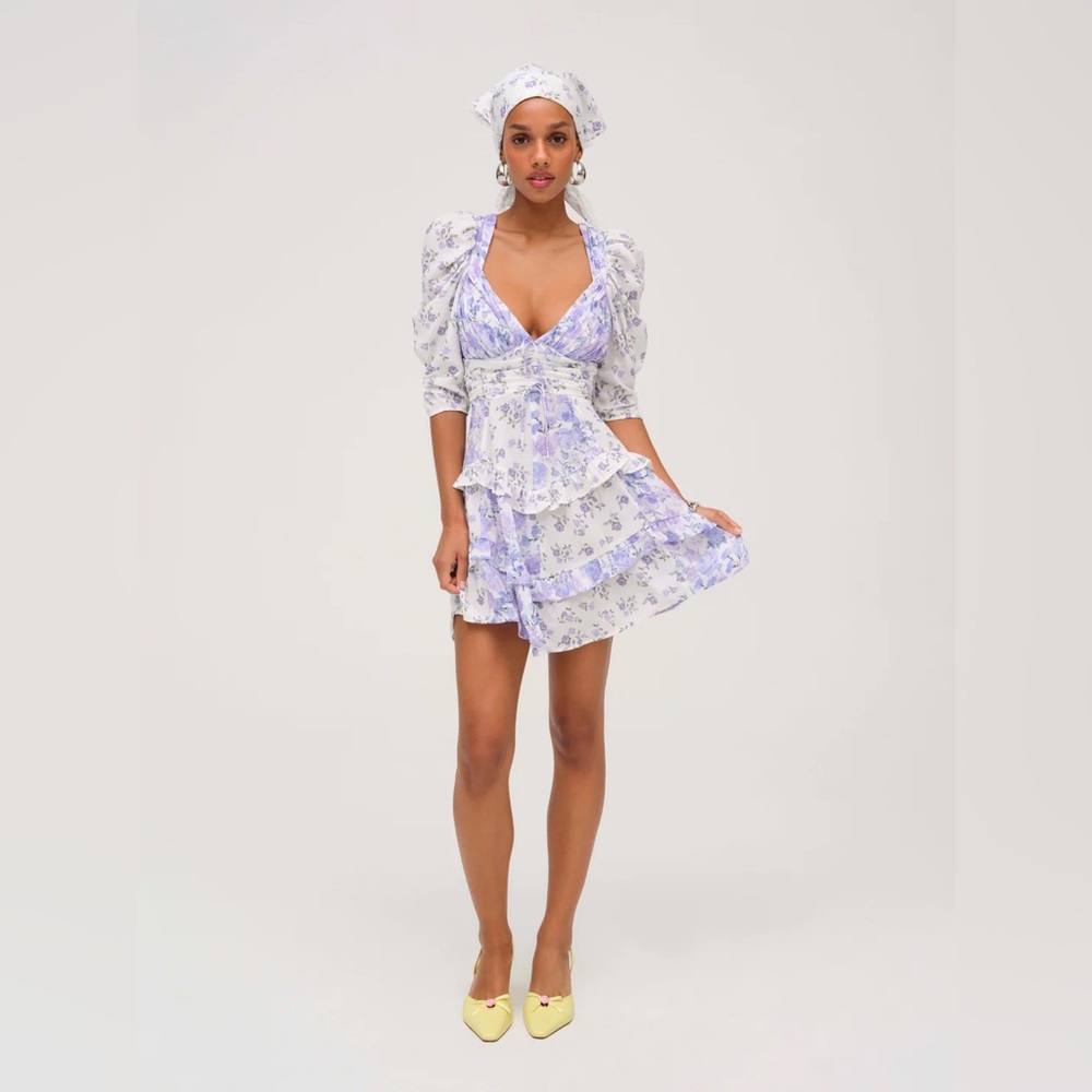 For Love and Lemons Rosalyn Mini Dress Lavender Floral Ruffle Dress Size Small - Picture 3 of 11